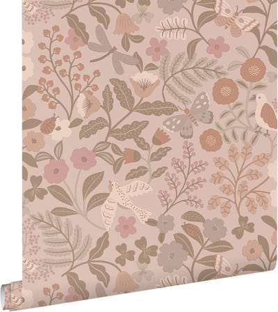 ESTAhome behang bloemen en vogels taupe en oudroze - 50 x 900 cm - 132232