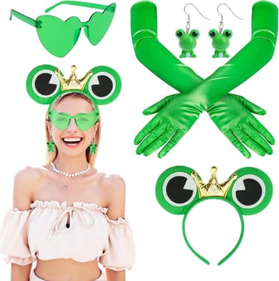 Frog Kostuum Accessoires Set met Hoofdband, Bril, Oorbellen en Lange Mouwen Groene Handschoenen voor Carnaval en Themapartijen