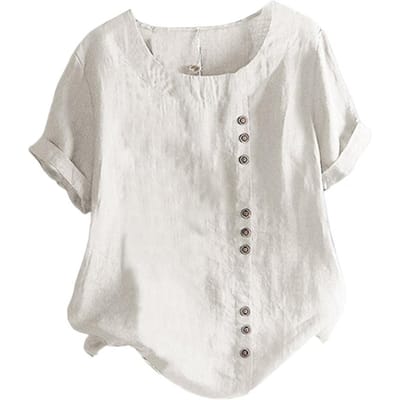 Kortemouw Blouse met Knoopsluiting Stijlvolle Dames Zomer Tops met Ronde Hals Knoopdetail Losvallend T-shirt in voor Casual voor A S wit