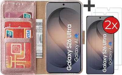 Hoesje met 2 Stuks Screenprotectors Geschikt voor Samsung Galaxy S26 Ultra – Arara bookcase met pasjeshouder - Rosegoud