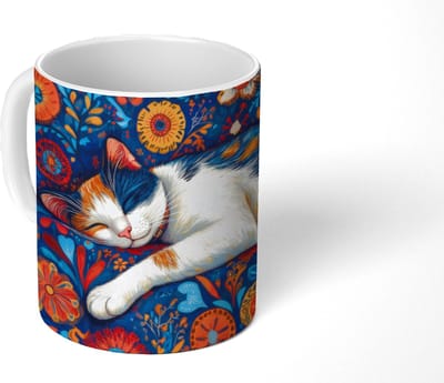 Mok - Koffiemok - Kat - Bloemenpatroon - Blauw - Oranje - Mokken - 350 ML - Beker - Koffiemokken - Theemok