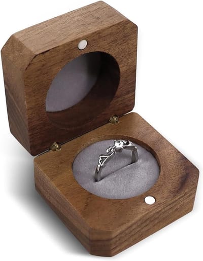Houten Ringdoos in Vintage Walnoot, Romantische Ringopslag met Ringvormige Groef voor Verlovingen en Trouwerijen, Elegante Cadeau-oplossing