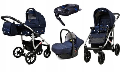 BabyLux® Kinderwagen 4in1 – LARGO - NAVY BLUE STAR SILVER FRAME - Opklapbare Wandelwagen incl. Reiswieg, Multifunctionele Buggy Sportstoel, Autostoel, ISOFIX basisstation - Combi-kinderwagen met Luiertas, Regenhoes, Klamboe