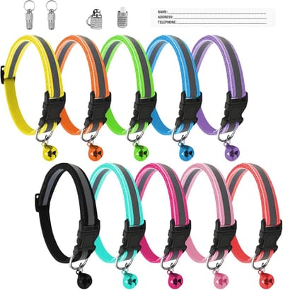 Kattenhalsband met Naam - 10 Stuks, Instelbare Reflecterende Halsband met Veiligheidssluiting en Bel, Geschikt voor Katten en Kleine Honden