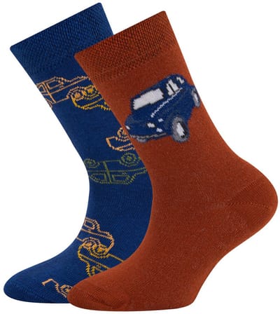 Sokken Ewers Kindermaat - DUOPACK - Donkerblauw & Roodbruin met Autos Design -23/26