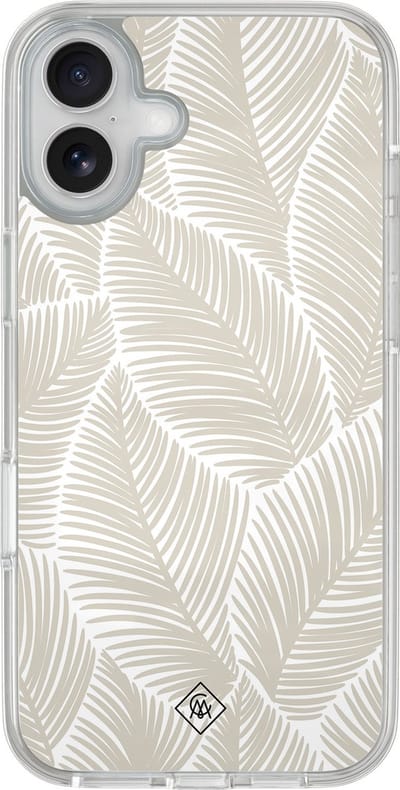 Casimoda® hoesje - Geschikt voor iPhone 16 - Palmy Leaves Beige - 2-in-1 case - Schokbestendig - Natuur - Verhoogde randen - Goudkleurig, Transparant