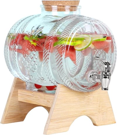 Glazen Drankdispenser met Houten Standard en Lekvrije Tapkraan - Ideaal voor Koude Dranken, Feesten en Barbecue