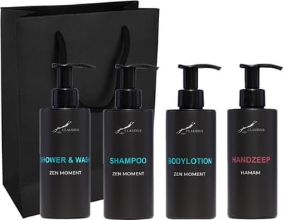 Compleet pakket Zen Moment - Shower & Wash + Shampoo + Bodylotion + Hamam Handzeep - 300 ml per fles - complete set van 4 stuks - met luxe gift tas - cadeau - giftset voor hem en haar