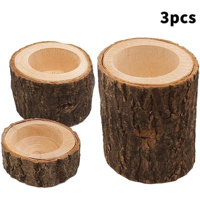 3 Stuks Houten Boomstam Kaarsenhouders – Rustieke Boomstronk Theelichthouders Voor Huisdecoratie Evenementen beige