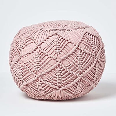 35 cm Hoog Roze Macrame Gehaakte Poef van 100% Katoen - Duurzaam en Stijlvol