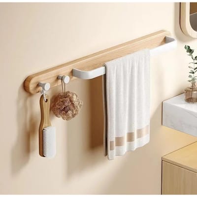 Étagères Suspendues Premium pour la Maison Bois de Noyer Porte-Serviettes de Salle de Bain avec Tige Métallique Support Mural pour Serviettes de Bain Rangée de Crochets pour Salle de Bain Crochets 48CM blanc