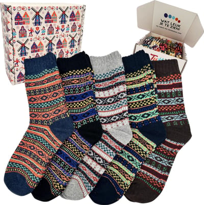 Tutti Footi - Warme Winter sokken - Set van 5 paar - Vintage Noors design met Wol - Maat 37-41 - Huissokken Dames/Heren