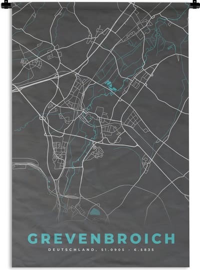 Wandkleed - Wanddoek - Stadskaart – Kaart – Grevenbroich – Blauw – Duitsland – Plattegrond - 120x180 cm - Wandtapijt