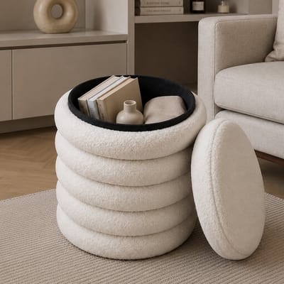 By Viento Teddy Opbergpoef Beige Wit – Ø37 × H43,5 cm – Zachte Teddy Stof – Ronde Poef met Ruime Opbergruimte
