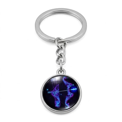 Zilverkleurige ronde sleutelhanger met blauwe boogschutter afbeelding – sleutelhanger voor dames en heren – metalen keychain met boogschutter sterrenbeeld symbool en schakel ketting