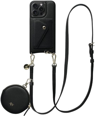 AVY Leren Hoesje geschikt voor Apple iPhone 14 Pro | Met Koord, Wallet en Pouch | Compatibel met MagSafe | Leather Case met 130CM Koord | Long Leather | Zwart