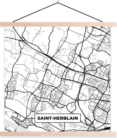 Posterhanger incl. Poster 40x40 cm - Schoolplaat - Stadskaart - Frankrijk - Kaart - Saint-Herblain - Plattegrond - Zwart wit - Textielposter - Blanke latten - Stadskaart