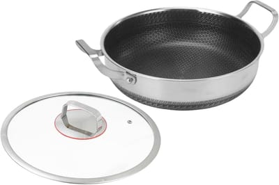 Braadpan Met Deksel - Antiaanbak Dubbele Handvatten RVS Keukengerei - Braadpan - Voor Koken Keuken Restaurant Camping Aanbraden Bakken Roerbakken Vis Eieren Pannenkoeken Steaks