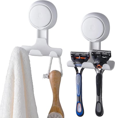 Praktische Douche Scheermes Houder met Zuignap, 2 Stuks, Ideaal voor Badkamer, Handdoek en Spons Ophanghaak, Verwijderbaar en Wit