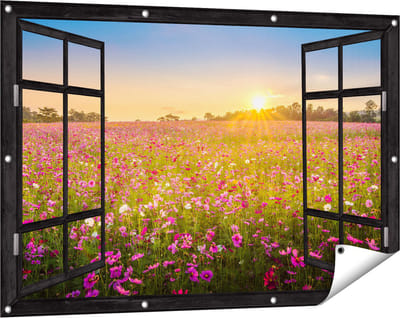 Gards Tuinposter Doorkijk Bloemenveld met Roze Kosmos - 120x80 cm - Tuindoek - Tuindecoratie - Wanddecoratie buiten - Tuinschilderij