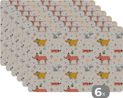 Placemat - Placemats kunststof - Hond - Teckel - Patronen - Bloemen - 45x30 cm - 6 stuks - Hittebestendig - Anti-Slip - Onderlegger - Afneembaar