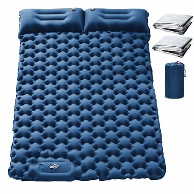 Dubbel Opblaasbaar Camping Matras met Ingebouwde Voetpomp – 2 Persoons Slaapmat met Kussen – Lichtgewicht & Compact – Waterdicht Outdoor Luchtbed – 196x125 cm – Blauw