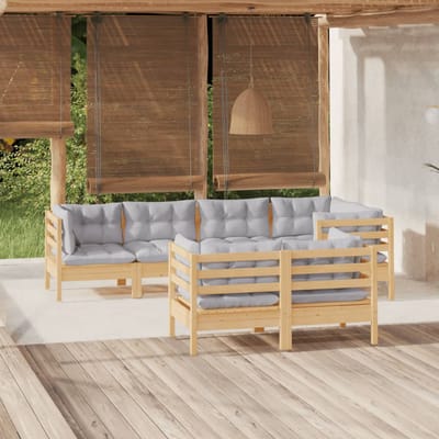 vidaXL - 7-delige - Loungeset - met - grijze - kussens - massief - grenenhout