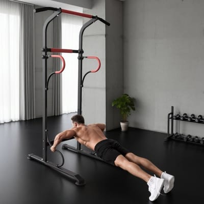 MEUNIQ krachtstation power tower 98 x 84 x 171-219 cm met verstelbare hoogte, optrekstang, dipsteunen en 4 zuignappen voor thuis trainen, zwart en rood