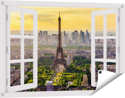 Gards Tuinposter Doorkijk Skyline van Parijs met de Eiffeltoren - 90x60 cm - Tuindoek - Tuindecoratie - Wanddecoratie buiten - Tuinschilderij