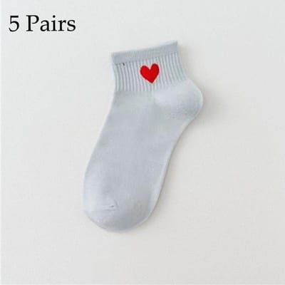 Lot de 5 paires de chaussettes courtes en coton style Harajuku, motif cœur, style hip-hop, couleur unie one size white