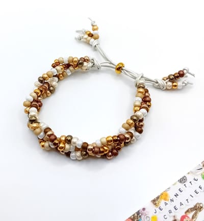 Jeannette-Creatief® - Beach - Witte Leren Armband Miyuki Baroque & Miyuki Brons Goud Champagne Sand Colormix Schuifknoop - Armband met Schuifknoop - Armband Dames - Ibizachic - Vlechtarmband - Gevlochten Armband - Sieraden - Mocha Mousse