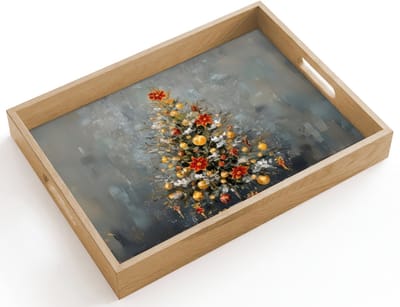 Dienblad hout 40x30 cm - Schootdienblad - Kerstboom - Cadeaus - Rood - Goud - Borrelplank rechthoek - Plateau dienbladen