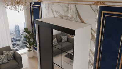 Schuifdeurkast met Spiegel – Casa Velluto Lamaro Modern 138x205x59 cm Wit & Grafiet – Garderobekast voor Slaapkamer en Hal – Kledingkast met Aluminium Schuifsysteem en Robuust Beslag