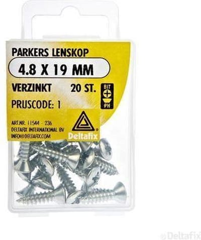 Parkers 4.8 x 19 MM. Lang. Lenskop. verzinkt . 20 stuks hout en metaal schroeven. DeltafiX.