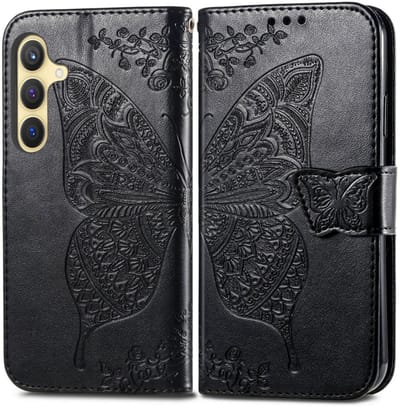 PU BoekCover Hoes Etui geschikt voor Samsung Galaxy A37 - A36 - A56 Zwart - Vlinder. Reliëf