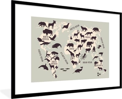 Wereldkaart - Kinderen - Grijs - Schoolplaat - Kinderkamer - 120x80 cm