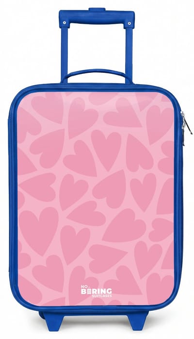 NoBoringSuitcases.com® - Kinderkoffer blauw - Kindertrolley jongen - Roze hartjes patroon - Koffer kind lichtgewicht - Reiskoffer trolley voor kinderen - Koffertje met lichtgevende wieltjes - Rolkoffer