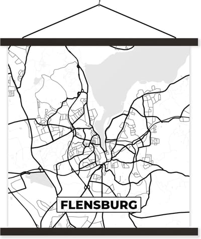 Posterhanger incl. Poster 60x60 cm - Schoolplaat - Flensburg - Plattegrond - Kaart - Stadskaart - Textielposter - Zwarte latten - Stadskaart