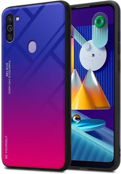 Cadorabo Hoesje geschikt voor Samsung Galaxy A11 / M11 in PAARS - ROOD - Tweekleurige beschermhoes van TPU-silicone Case Cover en achterzijde van gehard glas
