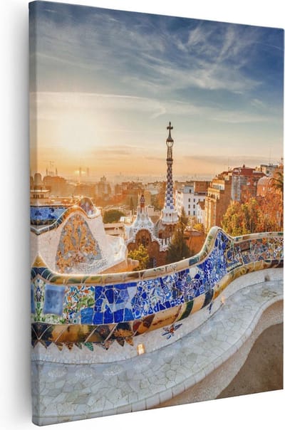 Artaza Canvas Schilderij Barcelona - 40x50 cm - Wanddecoratie Skyline - Muurdecoratie Mozaiek - Kamer Accessoires Zon