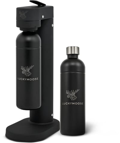 Luckymoose Bruiswatertoestel Infinity-S - Soda Maker met 2x 1,25L RVS Drinkfles Zwart - Bruiswater Toestel Zwart - Werkt met blauwe cilinders