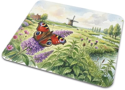 Muismat Dagpauwoog - Vlinder met Oogvlekken op Bloemenweide - Hollandse Natuur Thema "Aquarel Series" Mousepad - Desktop Accessoires Cadeau voor haar: Vrouw, Vriendin & Collega - Artistiek Landschap Print - Kleurrijk Design voor Thuiswerkplek