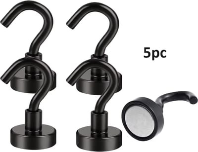 TLVX 5 stuks Haak magneet Zwart 20mm x 36mm / Erg sterk / 9 KG trekkracht / Magnetische ophanghaak / Magneet met haak / Metalen haak / Deurmagneet haak voor sleutels / Koelkast magneet handdoek / Magneet gereedschap / Foto magneet met handdoekhaak
