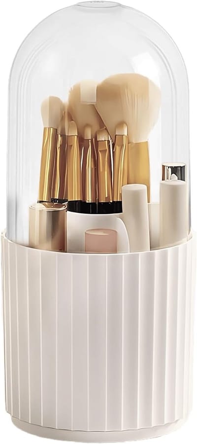 360 Graden Draaibare Make-up Organizer met Transparante, Stofdichte Opbergruimte voor Kwasten - 11 x 23 cm (Wit)