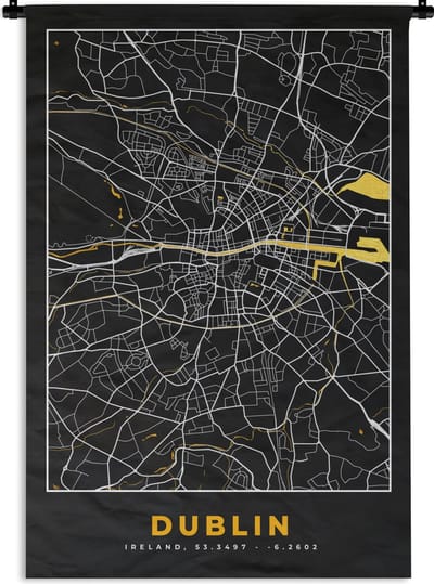 Wandkleed - Wanddoek - Dublin - Goud - Plattegrond - Stadskaart - Kaart - 120x180 cm - Wandtapijt
