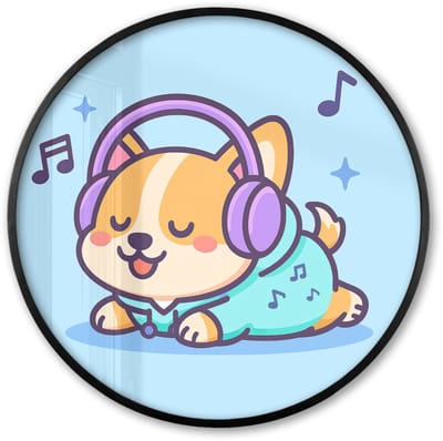Poster in lijst Rond - Fotolijst 60x60 cm - Posters - Corgi - Koptelefoon - Blauw - Muzieknoten - Ronde posterlijst zwart - Decoratie - Wanddecoratie woonkamer - Muurdecoratie slaapkamer
