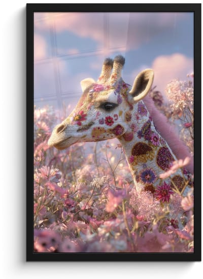 Poster in lijst - Fotolijst 40x60 cm - Posters - Giraffe - Bloemen - Roze - Posterlijst zwart - Decoratie - Wanddecoratie woonkamer - Muurdecoratie slaapkamer