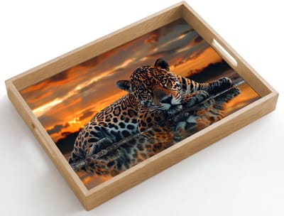 Dienblad hout 50x35 cm - Schootdienblad - Natuur - Luipaard - Dier - Zonsondergang - Modern - Borrelplank rechthoek - Plateau dienbladen