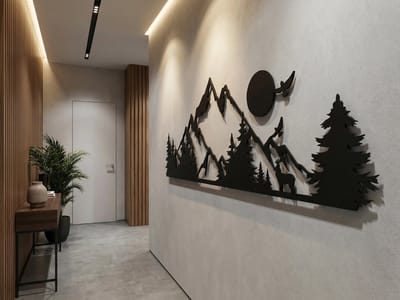 Wanddecoratie Bergen, Houten Wandbeeld, 3D Wanddecoratie voor Thuis, Moderne Beelden voor Huis Kantoor Slaapkamer, Woonkamer en Keuken - 80x25 cm