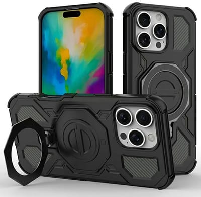 Hoesje geschikt voor Apple iPhone 16 Pro Max | Compatibel met MagSafe / Qi2 | 360° Draaibare Magnetische Standaard | Back Cover Kickstand Ring | Zwart